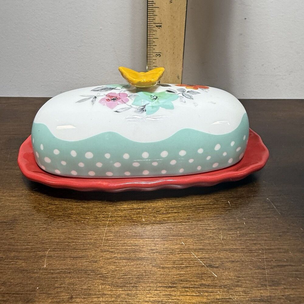 Pioneer Woman Flea Market Floral Red Covered Butter Dish Butterfly Handle 6.4" - Picture 8 of 8